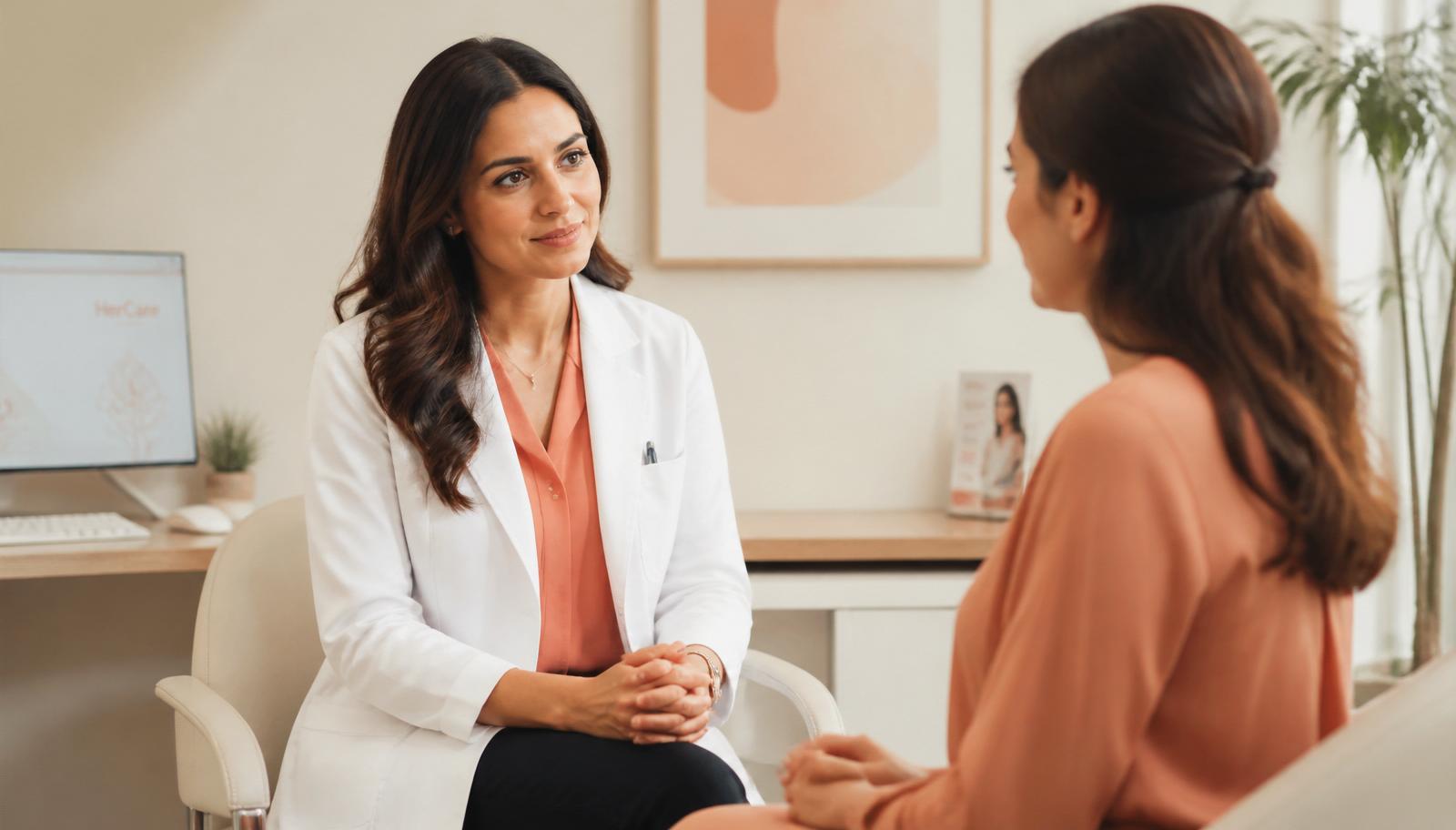 A doctor speaking with a patient in a warm consultation room